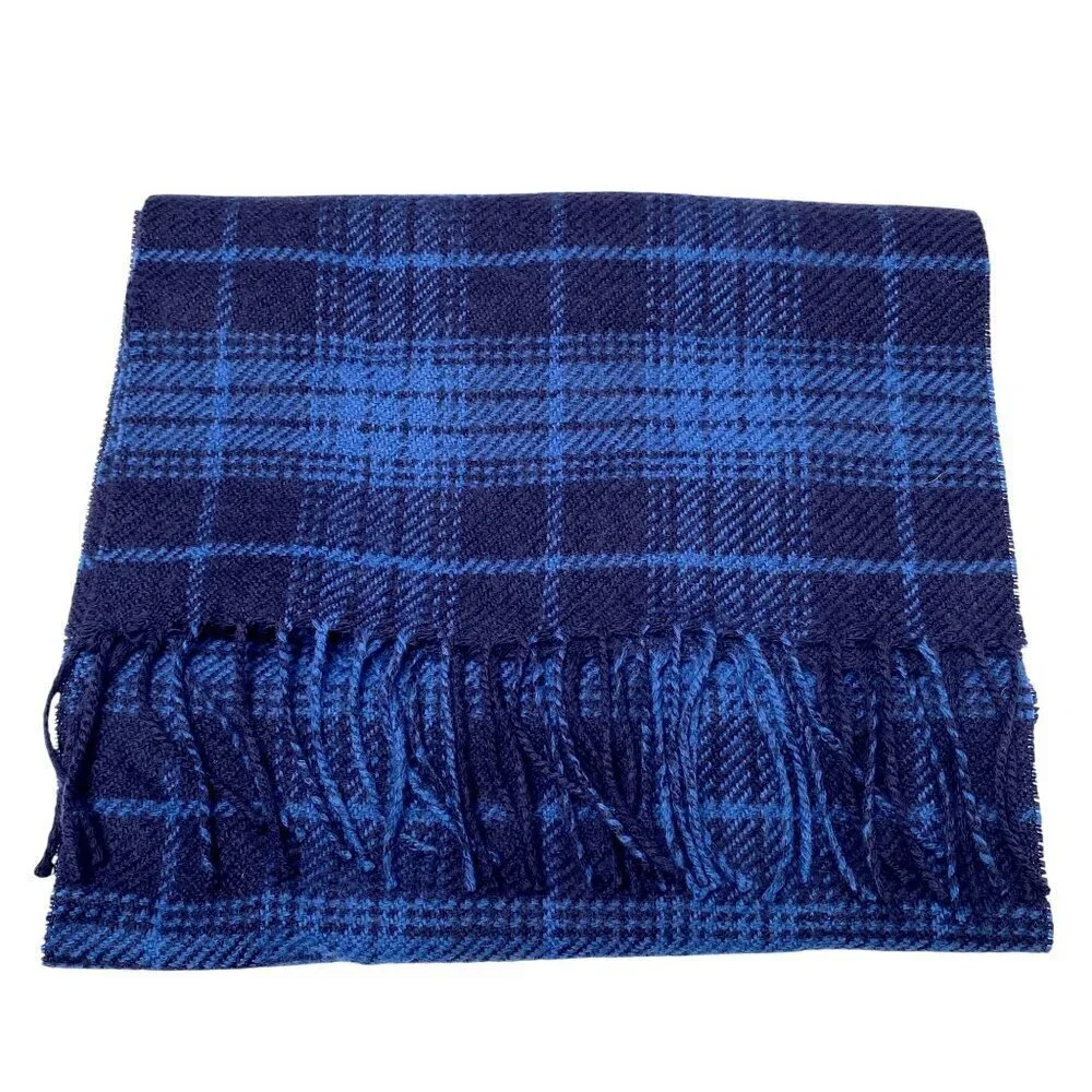 GAP Blue Plaid Scarf Acrylic Wool Blend Fringe Oblong Muffler 11.5x70